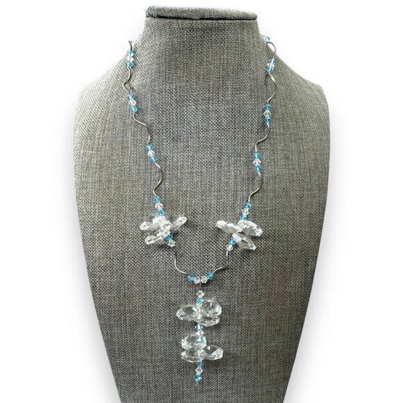 Crystal & Sterling Silver Necklace With Blue & Clear Beads 16" + 2" Dangle Zigza - Picture 1 of 7